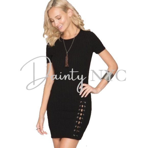 Black Ribbed Bodycon Dress Lace-Up Detail - Picture 2 of 5